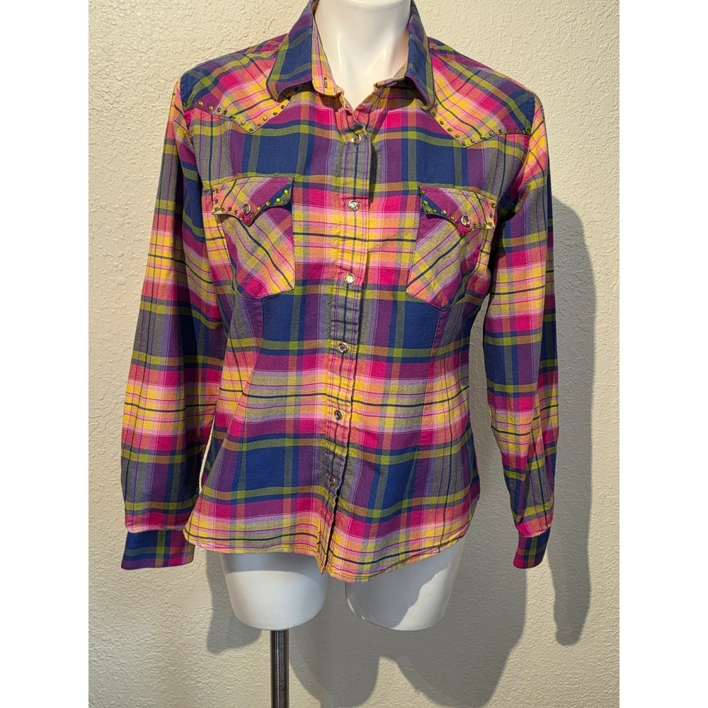Rough Stock Panhandle Slim Womens Plaid Western Snap Shirt‎ Pink Blue Studded L